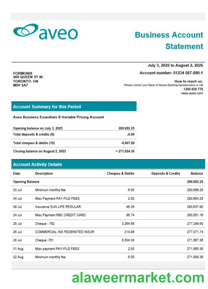 Aveo business firm account statement Word snd PDF format